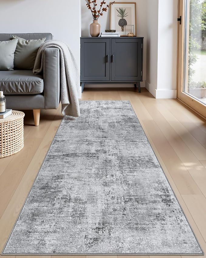 DEXI Hallway Runner Rug 3x10, Modern Abstract Non Slip Thin Soft Runners Carpet, Stain Resistant Washable Indoor Rug for Hallway Entryway Kitchen Laundry Room Living Room, Light Grey