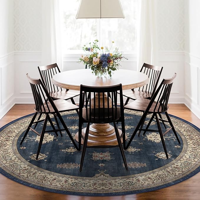 RUGGABLE Washable Vintage Area Rug – Verena Sapphire 6 ft Round, Stain-Resistant, Non-Slip – Medium Machine Washable Rugs for Living Room, Bedroom, Hallway, Entryway & Office–with Cushioned Pad