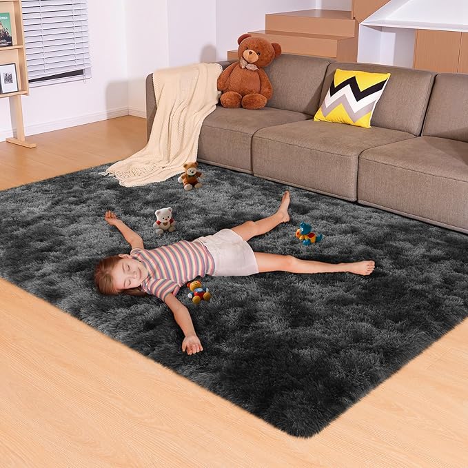 5x7 Area Rugs for Living Room, Fluffy Large Rugs for Bedroom, Soft Shag Fuzzy Non-Slip Carpet for Kids Boys and Girls Nursery Room Dorm Indoor Home Decor (Tie-Dyed Black Grey, 5ft x 7ft)