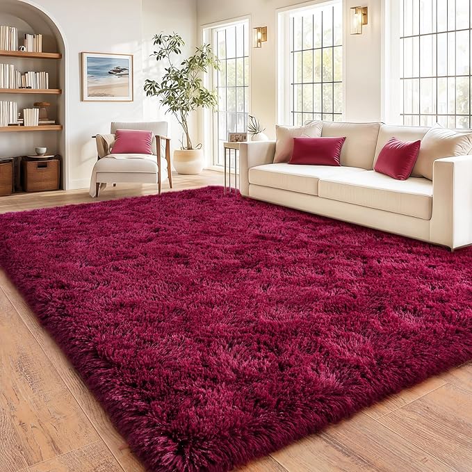 Burgundy Plush Rug for Living Room Fuzzy Carpet for Bedroom Dorm, Non-Slip High Pile Rug, Shag Rug for Playroom Nursery Home Office Decor 4X6 Ft