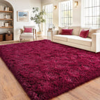 Burgundy Plush Rug for Living Room Fuzzy Carpet for Bedroom Dorm, Non-Slip High Pile Rug, Shag Rug for Playroom Nursery Home Office Decor 9X12 Ft