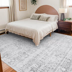 LIVEBOX Traditional Rug 9x12 - Large Gray Vintage Rug for Living Room, Washable Soft Floral Carpet Anti-Skid Thin Neutral Rugs for Office Bedroom Dining Room, Silverygray