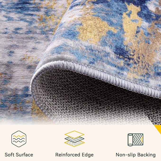 Washable Area Rugs 2'x10' Non-Slip Modern Abstract Soft for Living Room Entryway Bedroom Nursery, Print Pattern, Grey Blue Gold/Golden
