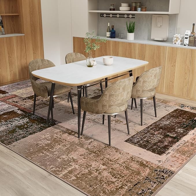 LOCHAS Rug for Living Room 6x9, Washable Soft Area Rugs for Bedroom, Abstract Carpet for Office Kids Dining Room Nursery Floor, Brown Pink Geometric Vintage Home Decor, Non Slip, Pet Child Friendly