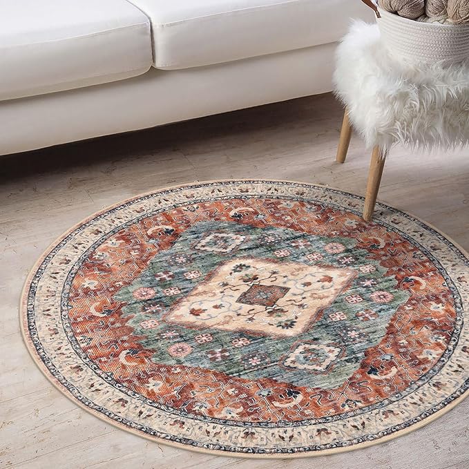 KOZYFLY Boho Round Rug 3 Ft Rugs for Entryway Washable Circle Rug Non Slip Doormat Rust/Orange/Blue Printed Faux Wool Vintage Round Entryway Rug Floor Carpet Round for Entrance, Bedroom