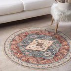 KOZYFLY Boho Round Rug 3 Ft Rugs for Entryway Washable Circle Rug Non Slip Doormat Rust/Orange/Blue Printed Faux Wool Vintage Round Entryway Rug Floor Carpet Round for Entrance, Bedroom