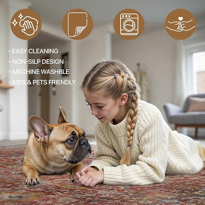 6x9 Area Rug Machine Washable Boho Rug for Living Room,Ultra-Thin Low Pile Carpet,Lightweight Indoor Printed Rug,Non Slip Floral Area Rug for Bedroom, Dining Room, Home Office,Burgundy Red