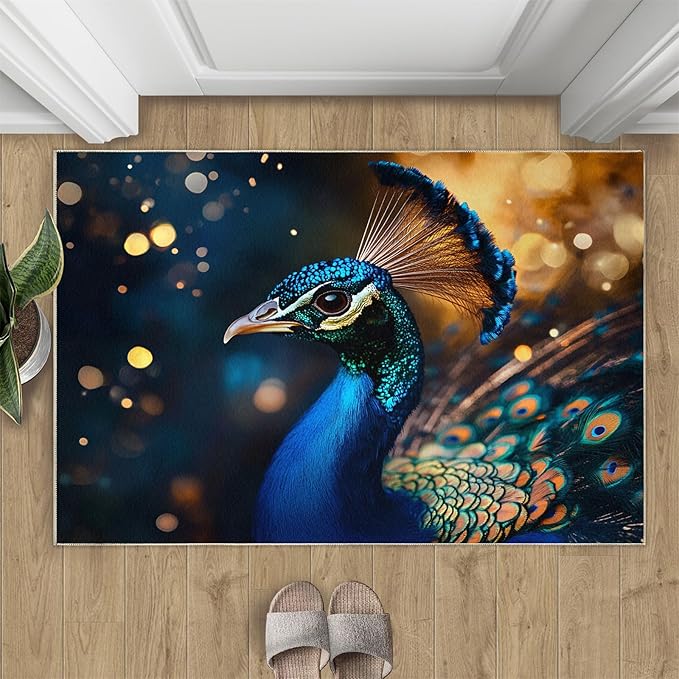 Peacock Area Rug 3x4-3x4 Rug, Wonderful Peacock Rugs for Living Room, Teal Turquoise Carpet, Peafowl Feather Washable Area Rugs for Bedroom, Aesthetics Carpet - Peafowl Home Decor & Gifts