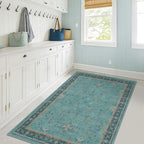 Teal 3x6 Wide Non Slip Kitchen Rug - Washable Front Door Runner Indoor Entrance, Vintage Floral Pattern Indoor Decor, Non Slip Soft Low Pile Fade Resistant