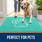 OLANLY Dog Door Mat for Muddy Paws 30x20, Paw Print Design, Absorbs Moisture and Dirt, Absorbent Non-Slip Washable Doormat, Quick Dry Chenille Mud Mat for Dogs, Entry Indoor Entryway Carpet, Teal