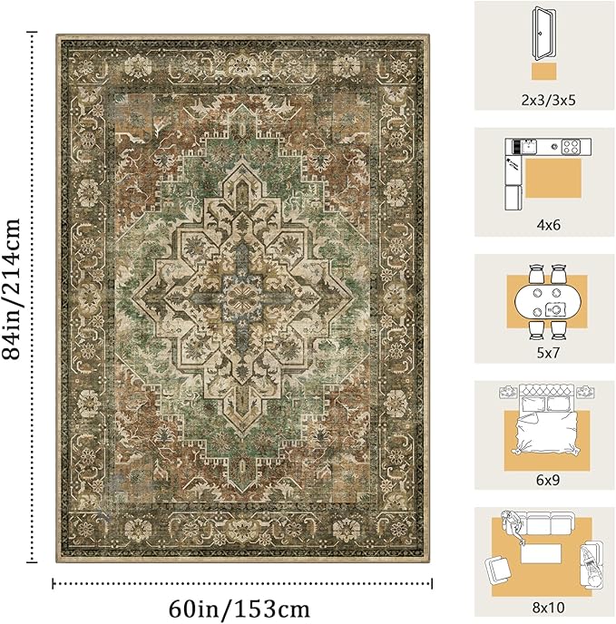 5x7 Machine Washable Area Rug for Living Room, Brown Green Boho Vintage Floral Rug Large Non-Slip Low Pile Soft Faux Wool Carpet, Kids and Pets Friendly for Bedroom Dining Room Farmhouse Decor Rug