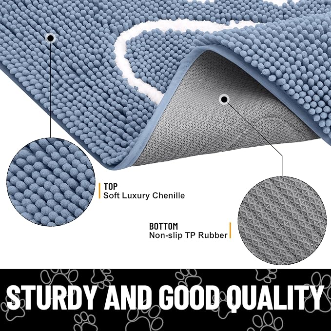 Smiry Dog Door Mat for Muddy Paws, Absorbent Dirt Trapper Non Slip Quick Dry Washable Chenille Mat for Mud Dogs, Entry Rug for Indoor and Outdoor (59x24 Inches, Airy Blue and White)