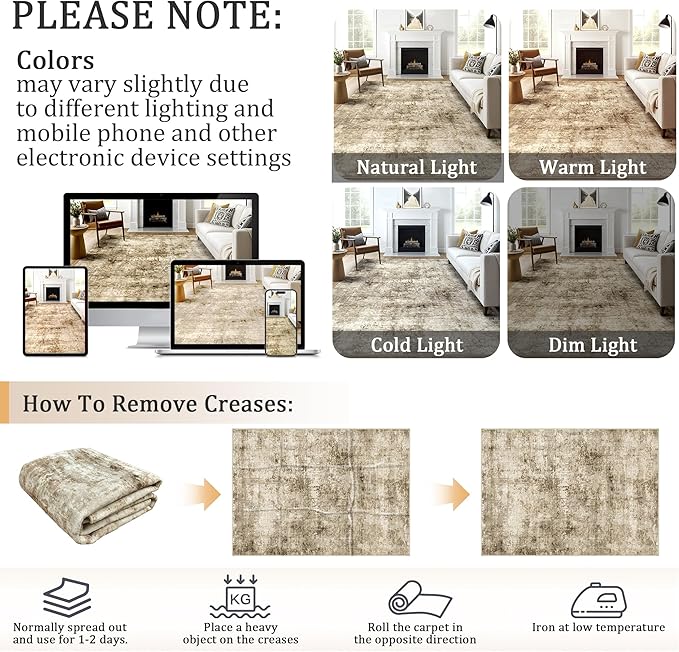 5x7 Machine Washable Area Rug for Living Room, Brown Modern Vintage Abstract Rug Large Non-Slip Low Pile Soft Faux Wool Carpet, Kids and Pets Friendly for Bedroom Dining Room Farmhouse Home Decor Rug