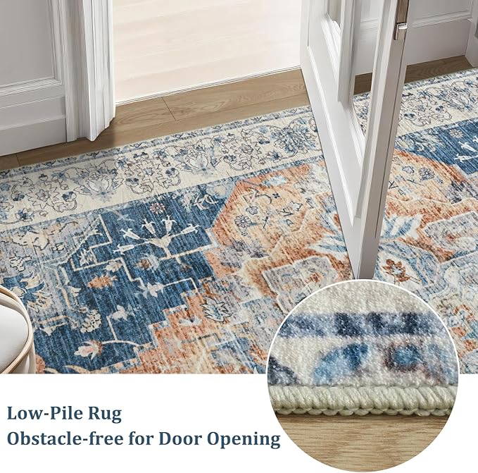 Large Area Rugs 9x12, Low Pile Washable Rugs - Soft Vintage Distressed Rugs for Living Room Bedroom, Office, Dining Room, Water Repellent & Non Shedding, Blue and Orange