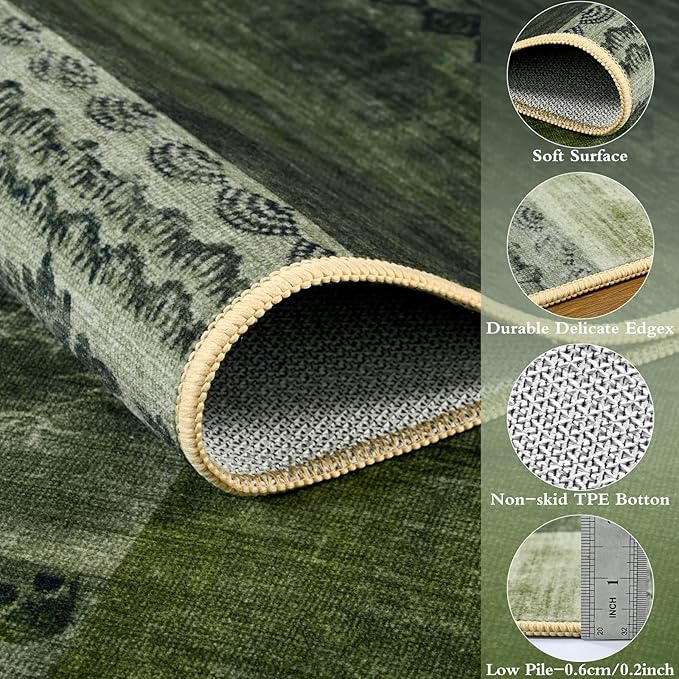 DweIke Washable Area Rugs for Living Room, 5x7 Soft Bedroom Rugs, Geometric Print Non-Slip Modern Rug, Stain Resistant Throw Carpets for Office Nursery Dining Room Home Dorm Decor, Green