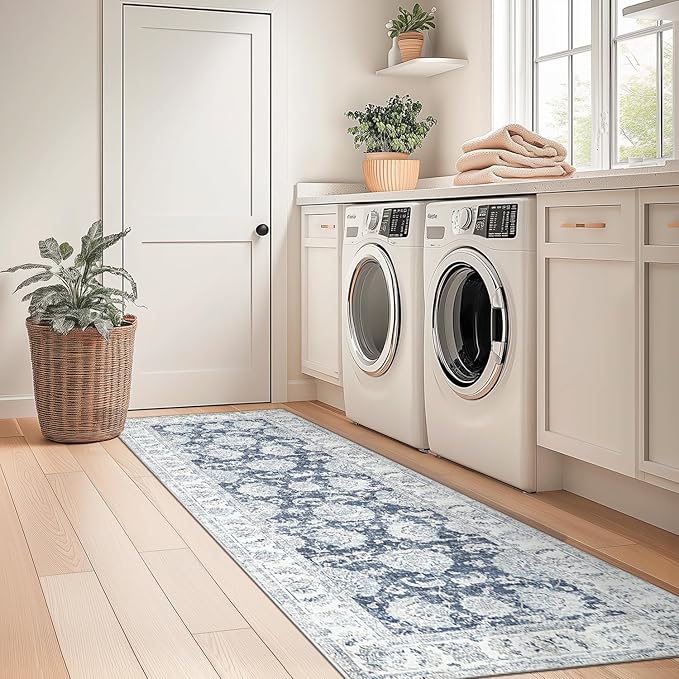 jinchan Fiora Runner Rug 2x6 Machine Washable Hallway Rug Dark Blue Vintage Floral Print Non-Slip Low Pile Ultra-Thin for Kitchen, Entryway, Laundry Room, Bedroom, Farmhouse (2‘x6’, Dark Blue)