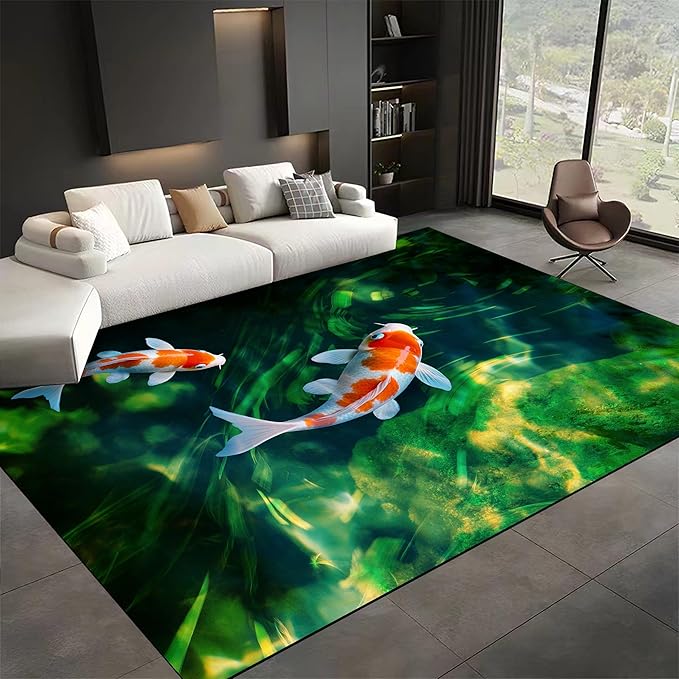 Green Pond Koi Fish Area Carpet, 4x5ft, 3D Realistic Underwater Koi Printed Carpets, Chinese Natural Landscape Soft Low Pile Rug, with Non Slip Backing Pet Friendly Rugs for Entryway