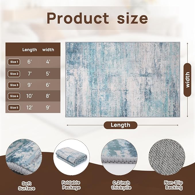 Abstract 6x9 Area Rug Washable Soft Non-Slip Carpet for Living Room Dining Room Bedroom Home Office - Abstract Teal/Grey