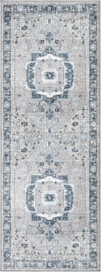 Bloom Rugs Washable Non-Slip 12 ft Runner - Pebble Gray/Blue Traditional Medallion Runner for Entryway, Hallway, Bathroom, and Kitchen - Exact Size: 2.5' x 12'