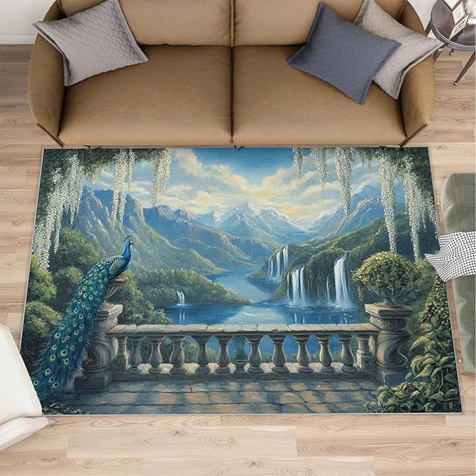 Peacock Rug Large - 6x9 Rug, Peacock Decor Washable Rugs for Living Room, Nature Waterfall Carpet, Natural Landscapes Non-Slip Area Rugs for Bedroom, Aesthetics Carpet - Peafowl Home Decor & Gifts