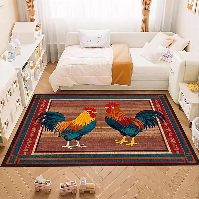 Rustic Rooster Area Rug，4x6ft,The Colorful Rooster Rug in A Farmhouse Style Adds Natural Vitality to Your Home，Soft and Comfortable Easy to Clean Carpet Suitable for Living Room Bedroom Kitchen