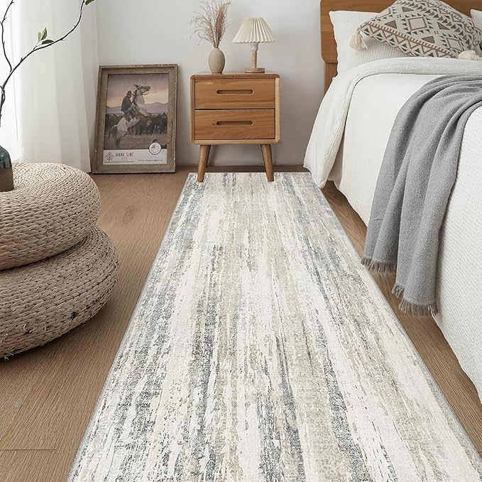 MUJOO Washable Runner Rug 2x8,Modern Abstract Area Rugs for Kitchen Hallways Bedroom Bedside Bathroom Laundry,Non Slip Throw Carpet Long Mat Indoor,Low Pile Accent Neutral Beige and Grey