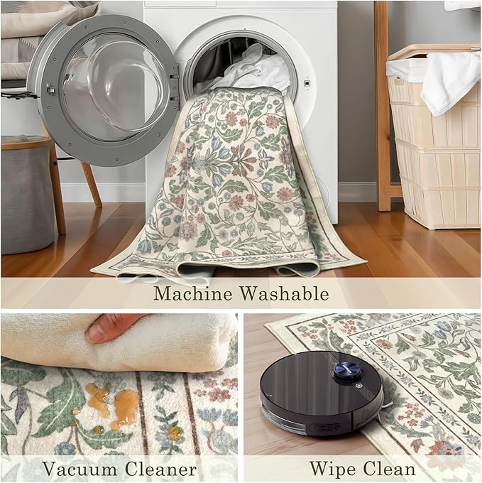 3x5 Washable Area Rug Floral Beige Entryway Small Rug Vintage Forest Low Pile Non Slip Stain Resistance Soft Carpet for Kitchen, Bedroom Beside, Laundry Room, Office Rug, Kids Room, Nursery Room