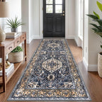 KOZYFLY Runners for Hallways 3x8 Ft Washable Kitchen Runner Rug Boho Runner Rug for Entryway Indoor Gold Navy Printed Oriental Faux Wool Floor Carpet Runner for Bedroom Kitchen Hall