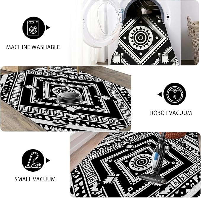 Area Rugs for Living Room 3x5, Moroccan Washable Low Pile Rug, Boho Neutral Farmhouse Ultra Soft Carpet for Bedroom Dining Room Home Decor, Geometric Print Tribal Carpets Black and White