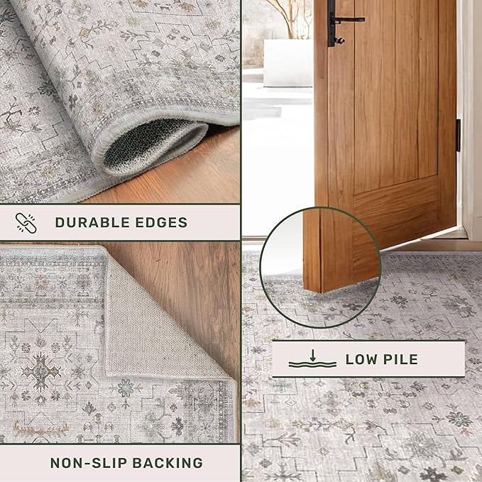 Light Gray Washable Rugs for Living Room - 4x8 Vintage Boho Eclectic Pastel, Washable Low Pile Non Slip Area Rug for Bedroom Beside Bed, Door Mat Indoor Entrance, Kitchen, Home Floor Decor
