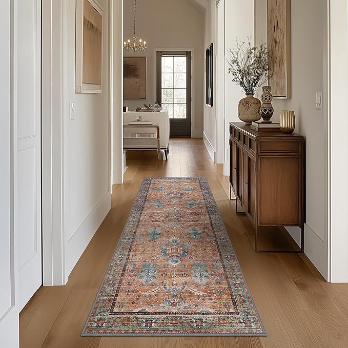 Bavni Runner Rug, Machine Washable Rugs for Bedroom 2x10, Non Slip Boho Rugs with Rubber Backing, Ultra-Thin Folable Rug Runner for Hallways Bathroom, Terracotta/Blue