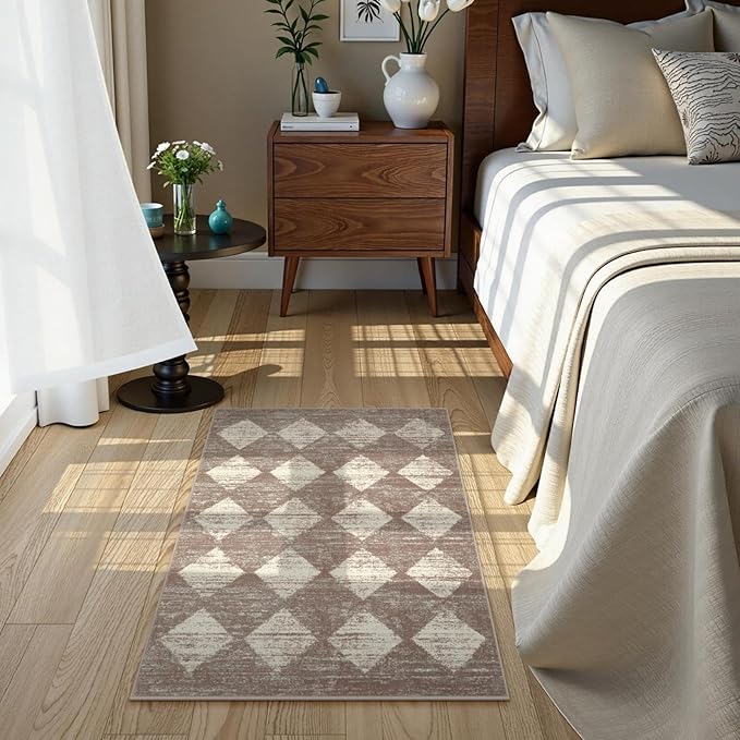 Lahome Moroccan Treills Area Rug - 2x3 Small Beige Bathroom Rug Door Rugs for Entryway Indoor, Checkered Washable Non Slip Throw Carpet for Bathroom Powder Room Kitchen Bedroom Front Door