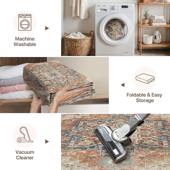 GENIMO 5X7 Area Rugs for Living Room, Machine Washable Vintage Floor Cover Foldable Modern Non Slip Rug, Low Pile Soft Indoor Carpet Floral Print Mat Rug,Bedroom/Dining Room/Home Office,Terracotta