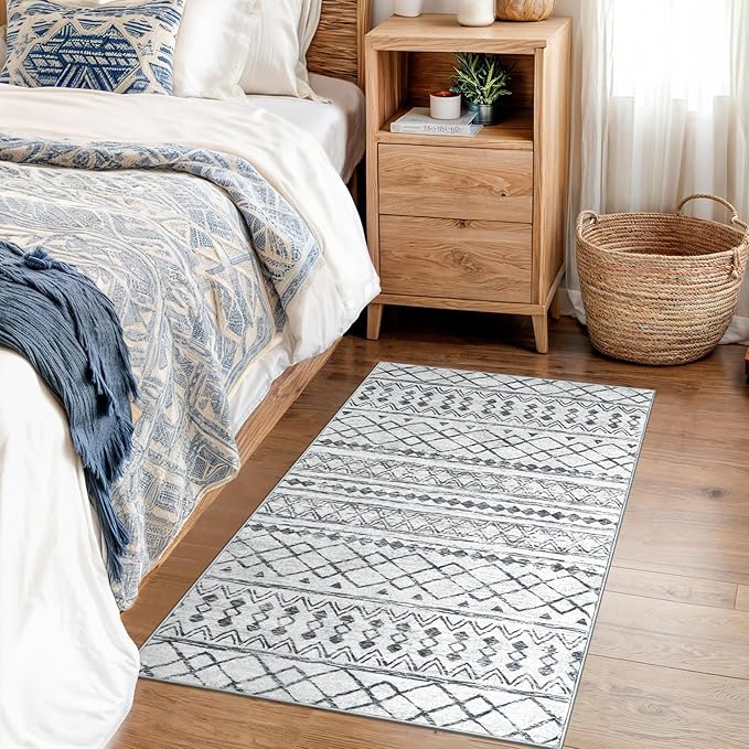 KUTA Washable Non-Slip Rugs for Entryway 2x3, Grey Moroccan Boho Small Area Rug, Ultra Soft Vintage Geometric Low-Pile Indoor Door Mat Floor Carpet for Indoor, Entrance, Kitchen, Bathroom, Bedroom