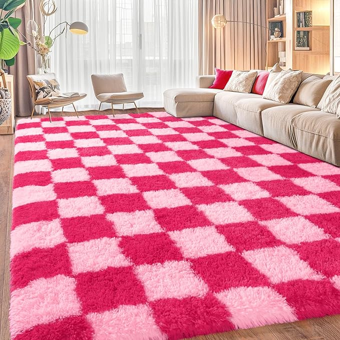 Area Rugs for Living Room, Soft Shaggy Carpets for Living Room, Fuzzy Rugs for Kids' Room, Perfect Decor for Modern Home Hot Pink Grid 4x6 Feet