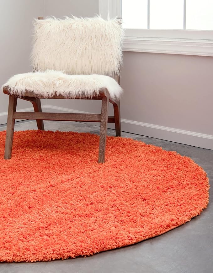 Unique Loom Solid Shag Collection Area Rug (5' 3" Round, Tiger Orange)