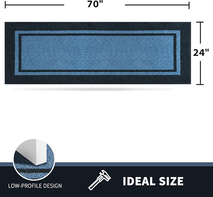 PURRUGS Dirt Trapping Door Mat 24" x 70", Non-Slip/Skid Machine Washable Entryway Rug, Shoes Scraper, Area Rug, Super Absorbent Welcome Mat for Muddy Wet Shoes and Paws, Light Blue & Navy