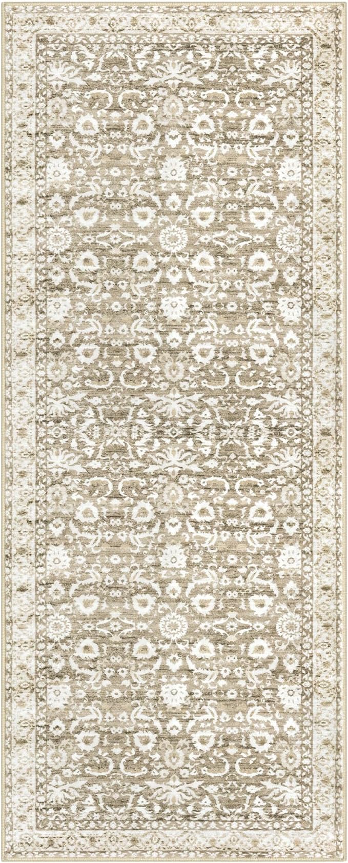 Vintage Floral 2x5 Runner Rug, Beige Tan White Washable Hallway Runner Rug Non-Slip Kitchen Rug Runner Super Soft Thin Printed Faux Wool Carpet for Entryway Bedroom Bedside Laundry Room Indoor
