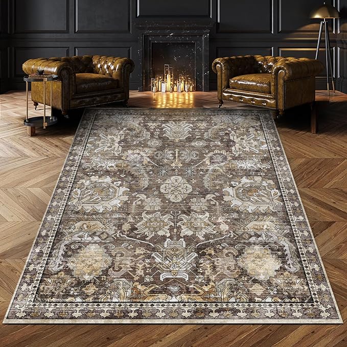 RUGSURE Washable Area Rugs - Perfect for Living Room, Bedroom, Kids Room, Nursery - Stain & Water Resistant Non-Slip, Pet & Child Friendly, Vintage Tribal Area Rugs (Ivory, 4' x 6')