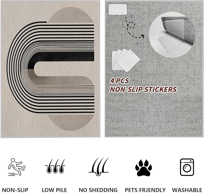 Modern Washable Rug for Living Room 4x5, Boho Abstract Striped Area Rugs, Soft Non Slip Low Pile Farmhouse Carpet for Bedroom Dining Room Kitchen, Stain Resistant, Pet Friendly, Beige Black