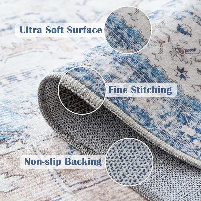 jinchan Kelda Runner Rug 3x7 Washable Rug Soft Hallway Runner Indoor Vintage Print Floor Cover Retro Distressed Lightweight Non-Slip Thin Carpet for Bathroom Kitchen Living Room Bedroom Blue