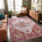 Washable Area Rugs 3x5, Low Pile Super Soft Carpet, Vitnage Distressed Rug for Bedroom, Living Room, Dining Room, Non-Slip, Low Pile, Blue, Plum