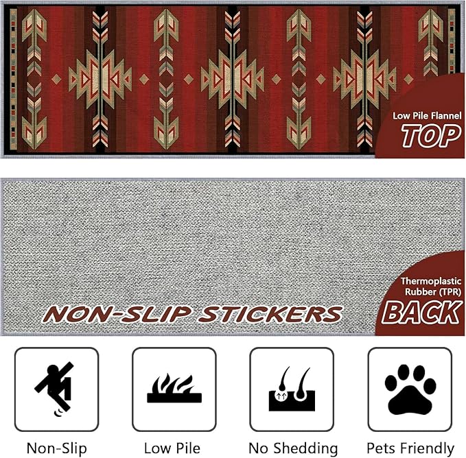 Red Arrow Runner Rug, 2x7ft Retro Geometric Hallway Runner Rug - Corridor & Busy Home Foyer Rugs, Washable Flannel Non-Slip Mat, Southwestern Tribe Decor Carpet for High-Traffic Areas