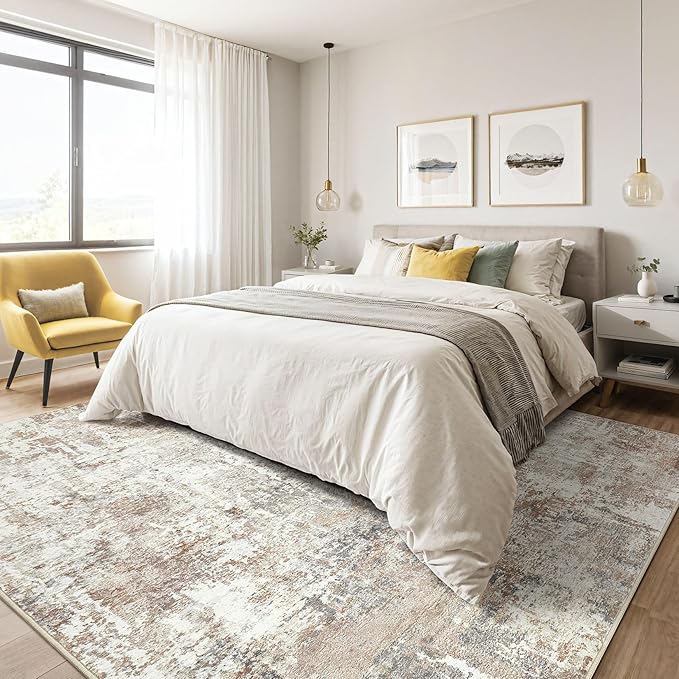 7x9 Area Rug Living Room: Machine Washable Large Abstract Soft Rugs Stain Resistant Indoor Floor Non Slip Accent Carpet for Bedroom Nursery Playroom Office Dining Room Dorm Home House- Brown