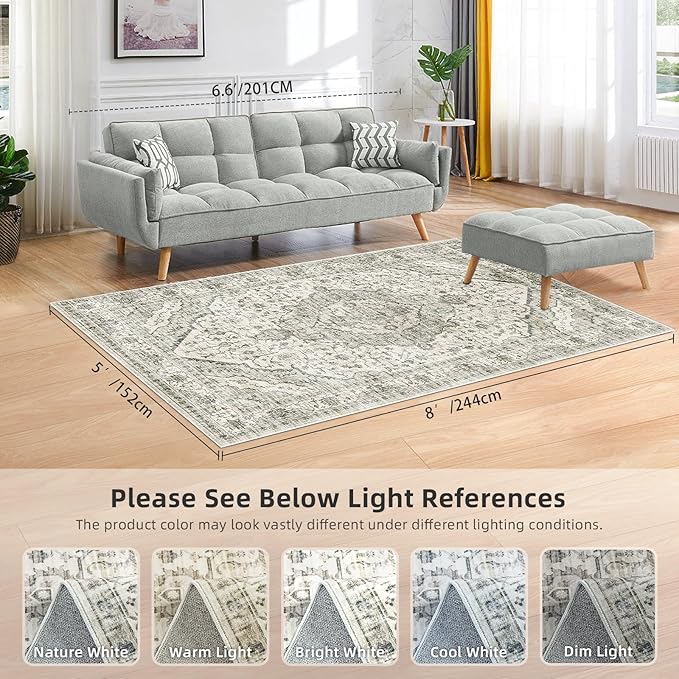 5x8 Area Rugs for Bedroom - Washable Rug 5x8 Rugs Vintage Large Carpet Non-Slip Boho Rug for Living Room Dining Room Nursery Area Rugs Print Floor Rug Cream