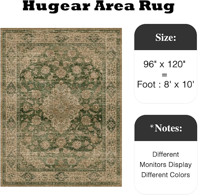 HUGEAR Retro Green Area Rug 8x10 Machine Washable Living Room Rugs Distressed Vintage Floral Low Pile Carpet Bedroom Office Dining Room Laundry Room Non Slip Soft Lightweight