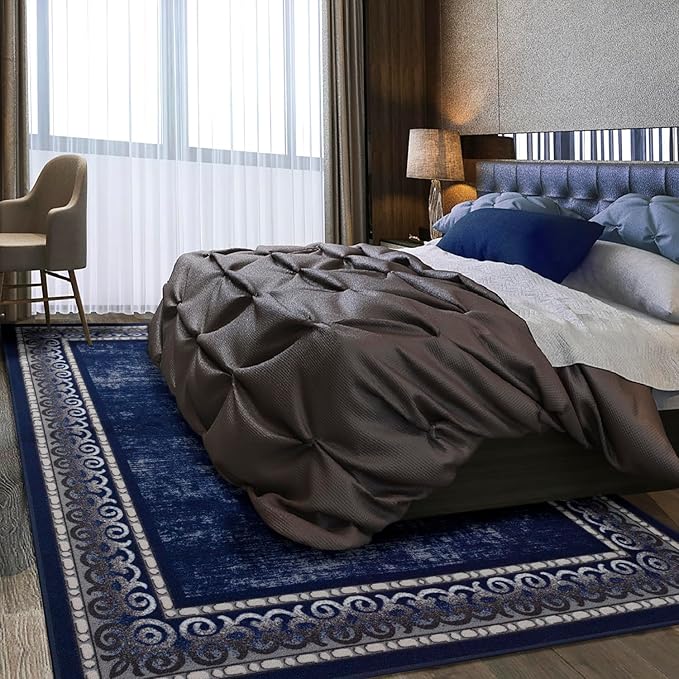 Antep Rugs Alfombras Bordered Modern 5x7 Non-Slip (Non-Skid) Low Pile Rubber Backing Indoor Area Rug (Navy, 5' x 7')