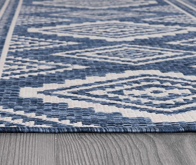 Beverly Rug Waikiki Boho Indoor Outdoor Rug 5x7, Washable Outside Carpet for Patio, Deck, Porch, Bohemian Area Rug, Farmhouse Rugs, Aztec Tribal Rug, Azure and White
