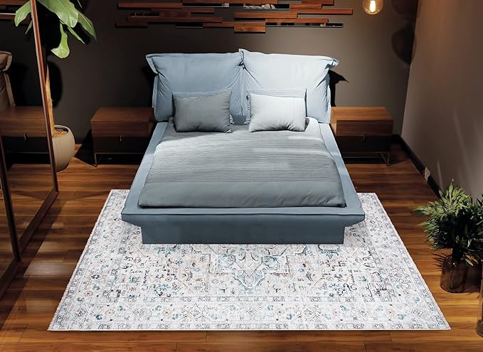 Bloom Rugs Caria Washable Non-Slip 4x6 Rug - Seashell/Teal Blue Traditional Area Rug for Living Room, Bedroom, Dining Room, and Kitchen - Exact Size: 4' x 6'