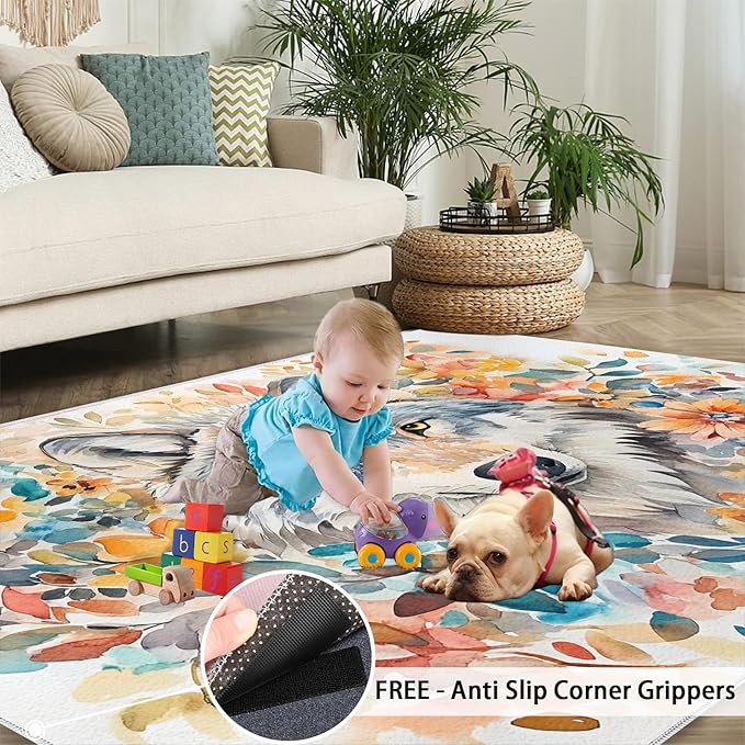 3x5 Wolf Dorm Rug - Watercolor Florals Small Rugs for Bedroom, Animals Area Rug Washable Non Slip for Bedroom Kitchen Living Room Entryway